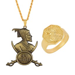 Picture of Chhatrapati Shivaji Maharaj Locket with Double Sword and Rajmudra Ring Combo Pack" | Exquisite Indian Jewelry Set